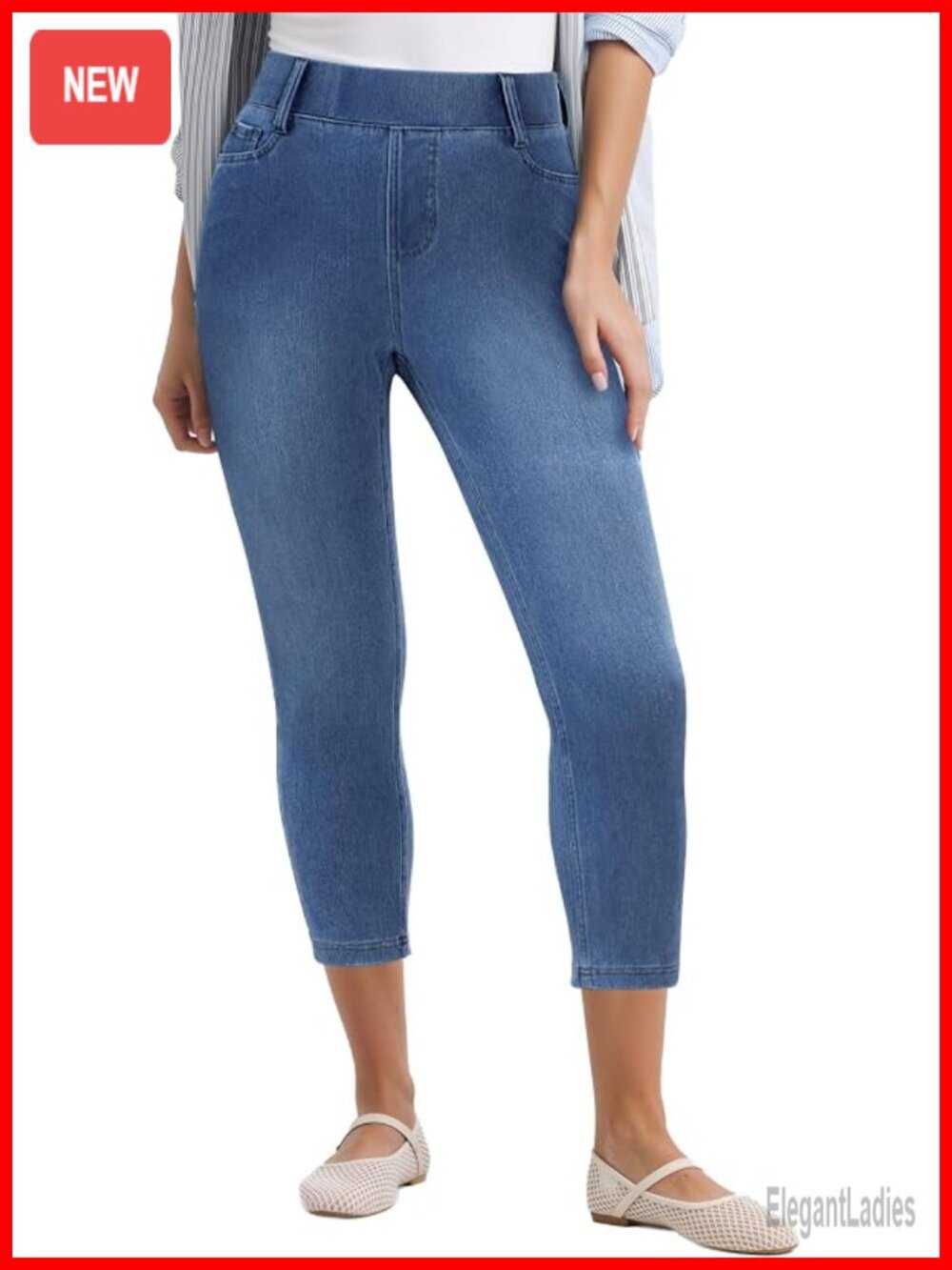 High Waisted Skinny Capri Jeans Pull On Elastic Waist Jeggings